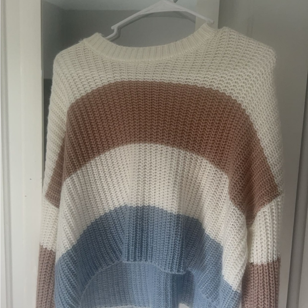 Striped Knit Sweater - Cream, Brown, and Blue